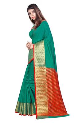 Blissta Green Cotton Jacquard Border Work Plain Saree With Running Blouse 5