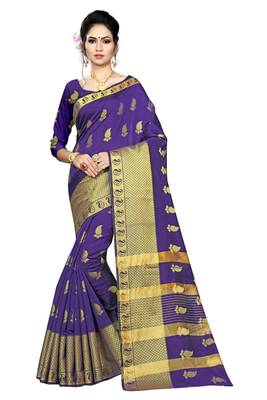 Blissta Blue Silk Blend Border Work Jacquard Butti Saree With Running Blouse 1