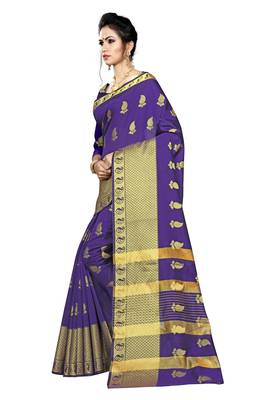 Blissta Blue Silk Blend Border Work Jacquard Butti Saree With Running Blouse 4
