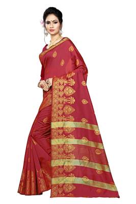 Blissta Maroon Silk Blend Border Work Jacquard Butti Saree With Running Blouse 4