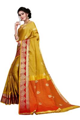 Blissta Gold Cotton Silk Border Work Jacquard Butti Saree With Running Blouse 5