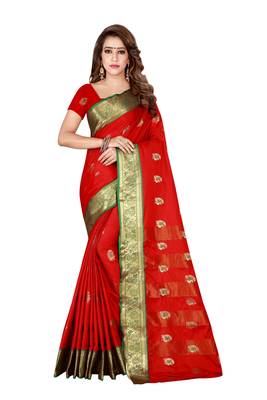 Blissta Red Cotton Silk Border Work Banarasi Saree With Running Blouse 1
