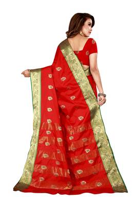 Blissta Red Cotton Silk Border Work Banarasi Saree With Running Blouse 2