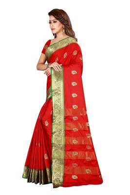 Blissta Red Cotton Silk Border Work Banarasi Saree With Running Blouse 5