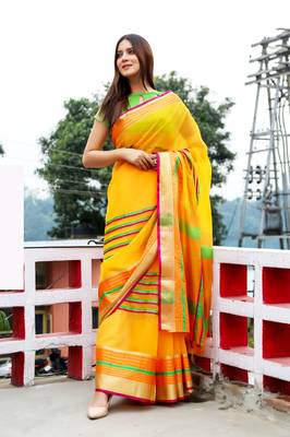 Yellow woven art silk saree with blouse 1