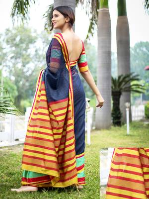 Blue woven art silk saree with blouse 2