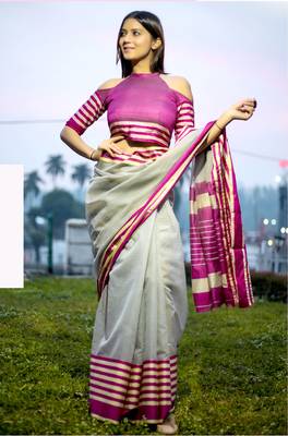 Grey woven art silk saree with blouse 1