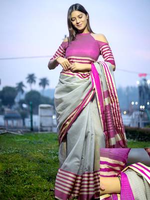 Grey woven art silk saree with blouse 2
