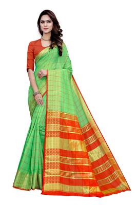 Kimisha Lgreen Cotton Border Work Checks Pattern Saree With Contrast Color Blouse 1