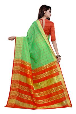 Kimisha Lgreen Cotton Border Work Checks Pattern Saree With Contrast Color Blouse 2