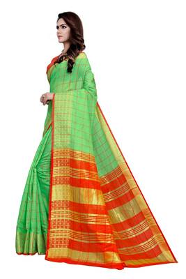 Kimisha Lgreen Cotton Border Work Checks Pattern Saree With Contrast Color Blouse 5