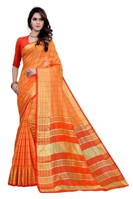 Kimisha Orange Cotton Border Work Checks Pattern Saree With Contrast Color Blouse 1