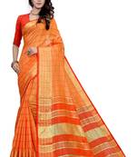 Kimisha Orange Cotton Border Work Checks Pattern Saree With Contrast Color Blouse