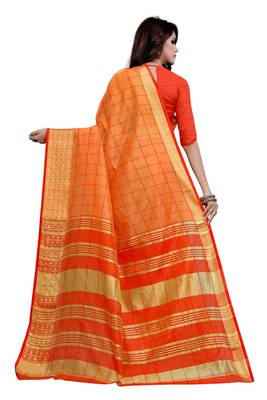 Kimisha Orange Cotton Border Work Checks Pattern Saree With Contrast Color Blouse 2