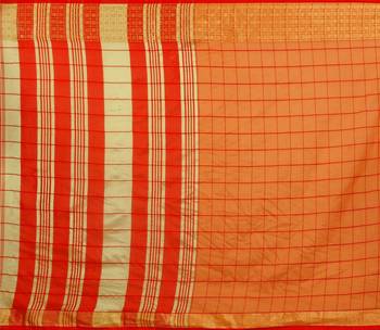 Kimisha Orange Cotton Border Work Checks Pattern Saree With Contrast Color Blouse 4