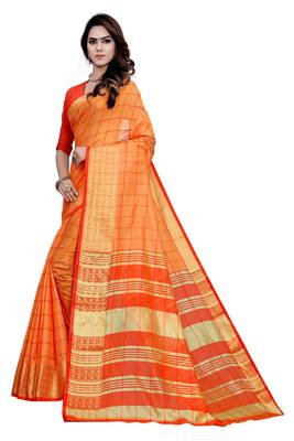 Kimisha Orange Cotton Border Work Checks Pattern Saree With Contrast Color Blouse 5