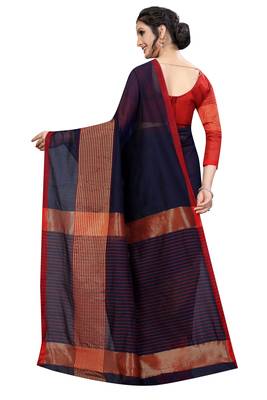 Kimisha Navy Cotton Boder Work  Plain Saree With Contrast Color Blouse 2