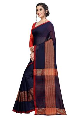 Kimisha Navy Cotton Boder Work  Plain Saree With Contrast Color Blouse 5