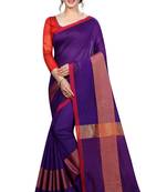 Kimisha Purple Cotton Boder Work  Plain Saree With Contrast Color Blouse