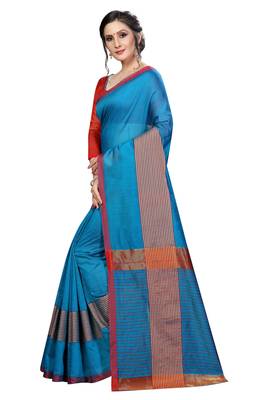 Kimisha Sky Blue Cotton Boder Work  Plain Saree With Contrast Color Blouse 5