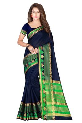 Kimisha Navy Pure Cotton Border Work Plain Saree With Running Blouse 1