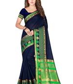 Kimisha Navy Pure Cotton Border Work Plain Saree With Running Blouse