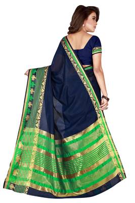 Kimisha Navy Pure Cotton Border Work Plain Saree With Running Blouse 2