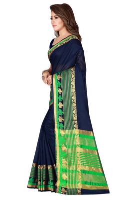 Kimisha Navy Pure Cotton Border Work Plain Saree With Running Blouse 5