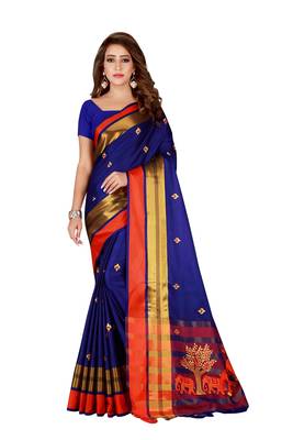 Kimisha Blue Cotton Blend Embroidered Animal Pattern Saree With Running Blouse 1