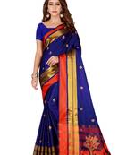 Kimisha Blue Cotton Blend Embroidered Animal Pattern Saree With Running Blouse