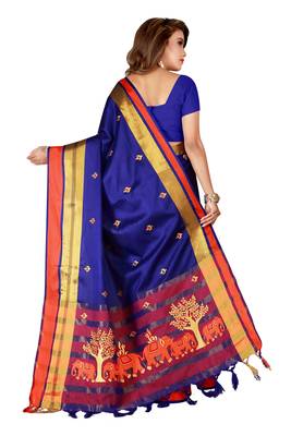 Kimisha Blue Cotton Blend Embroidered Animal Pattern Saree With Running Blouse 2