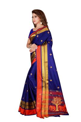 Kimisha Blue Cotton Blend Embroidered Animal Pattern Saree With Running Blouse 5