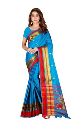 Kimisha Sky Blue Cotton Blend Embroidered Animal Pattern Saree With Running Blouse 1