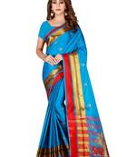 Kimisha Sky Blue Cotton Blend Embroidered Animal Pattern Saree With Running Blouse