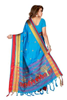 Kimisha Sky Blue Cotton Blend Embroidered Animal Pattern Saree With Running Blouse 2