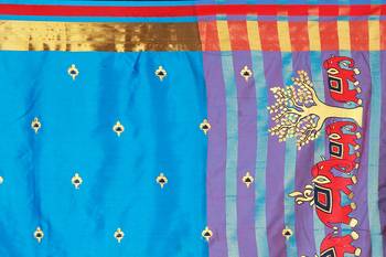 Kimisha Sky Blue Cotton Blend Embroidered Animal Pattern Saree With Running Blouse 4