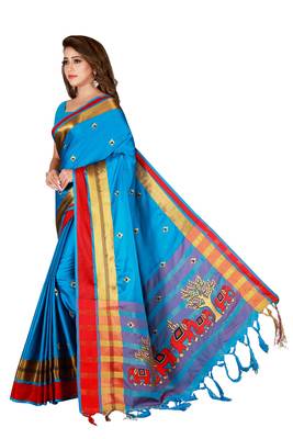 Kimisha Sky Blue Cotton Blend Embroidered Animal Pattern Saree With Running Blouse 5