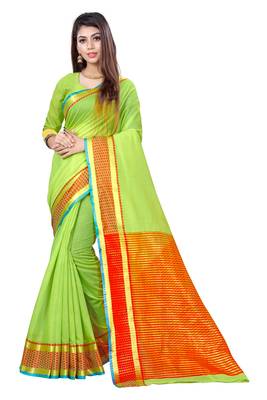 Kimisha Lgreen Cotton Jacquard Border Work Plain Saree With Running Blouse 1