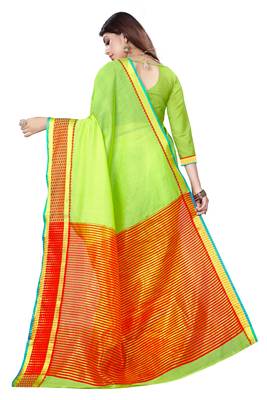 Kimisha Lgreen Cotton Jacquard Border Work Plain Saree With Running Blouse 2
