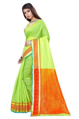 Kimisha Lgreen Cotton Jacquard Border Work Plain Saree With Running Blouse 5