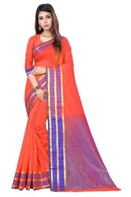 Kimisha Tomato Cotton Jacquard Border Work Plain Saree With Running Blouse 1