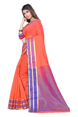 Kimisha Tomato Cotton Jacquard Border Work Plain Saree With Running Blouse 5