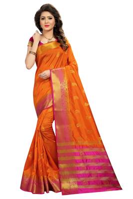 Kimisha Orange Nylon Silk Border Work Jacquard Butti Saree With Contrast Color Blouse 1