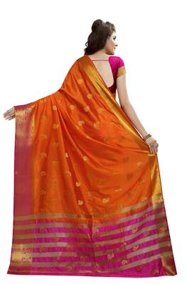Kimisha Orange Nylon Silk Border Work Jacquard Butti Saree With Contrast Color Blouse 2