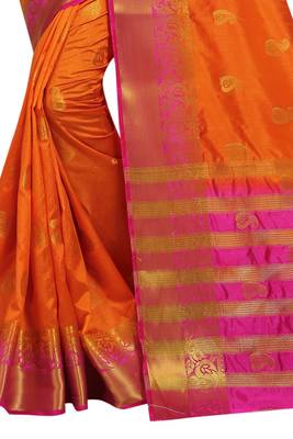 Kimisha Orange Nylon Silk Border Work Jacquard Butti Saree With Contrast Color Blouse 4