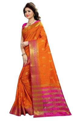 Kimisha Orange Nylon Silk Border Work Jacquard Butti Saree With Contrast Color Blouse 5