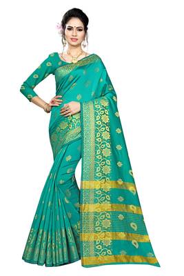 Kimisha Turquoise Silk Blend Border Work Jacquard Butti Saree With Running Blouse 1