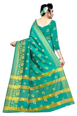Kimisha Turquoise Silk Blend Border Work Jacquard Butti Saree With Running Blouse 2