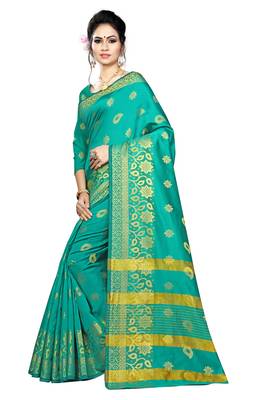 Kimisha Turquoise Silk Blend Border Work Jacquard Butti Saree With Running Blouse 4