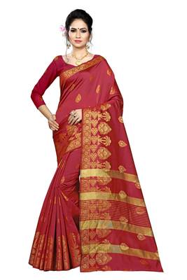 Kimisha Maroon Silk Blend Border Work Jacquard Butti Saree With Running Blouse 1
